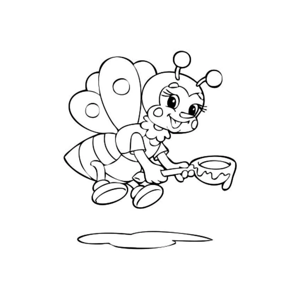 Happy Bee with a spoon full of honey coloring page to print for free