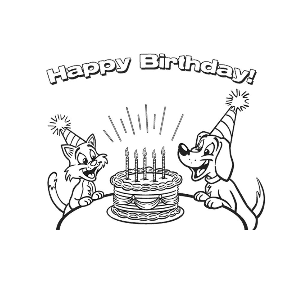 Desenho de Aniversário Com Cão E Gato para colorir e imprimir grátis