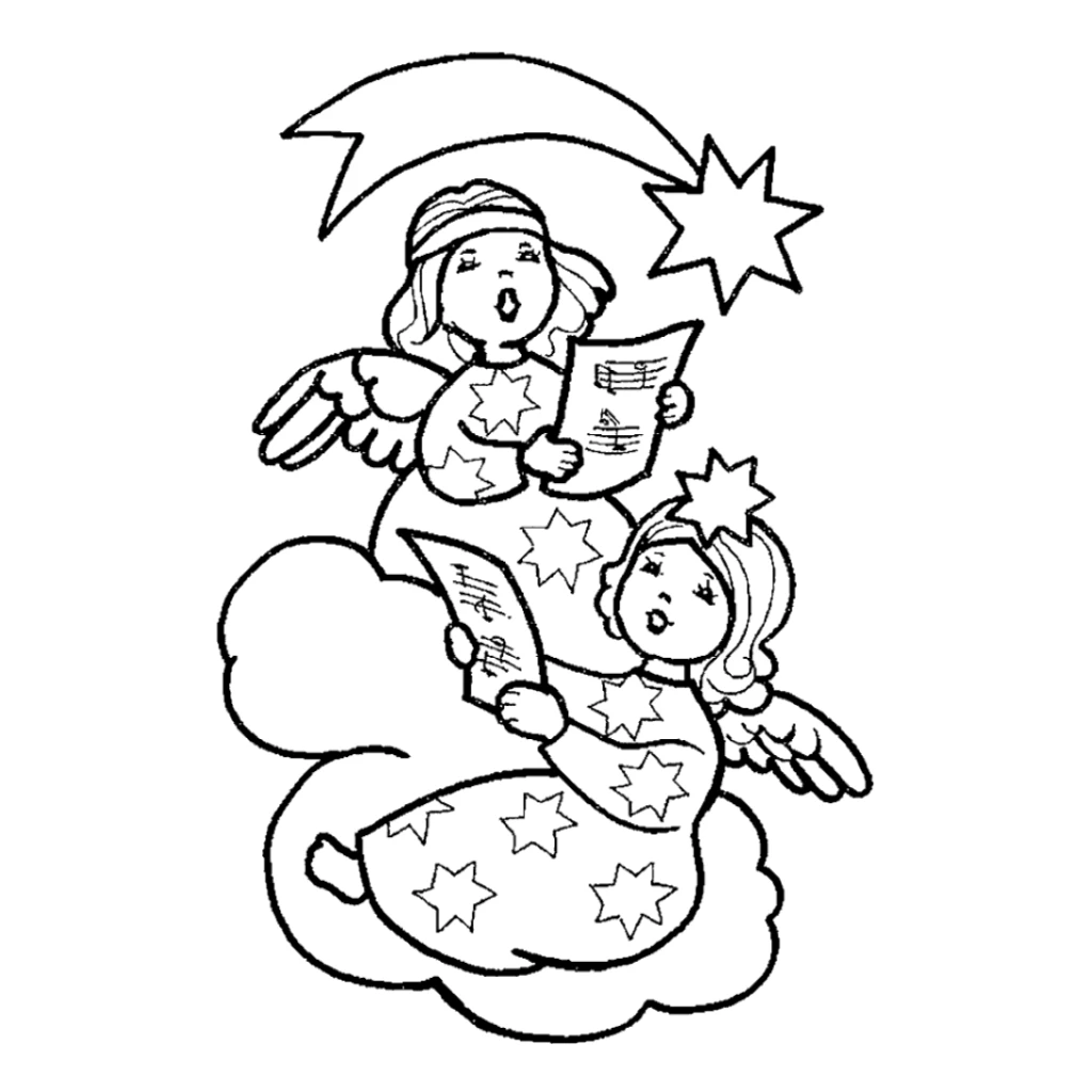 Desenho de Anjos em cima das nuvens para colorir e imprimir grátis