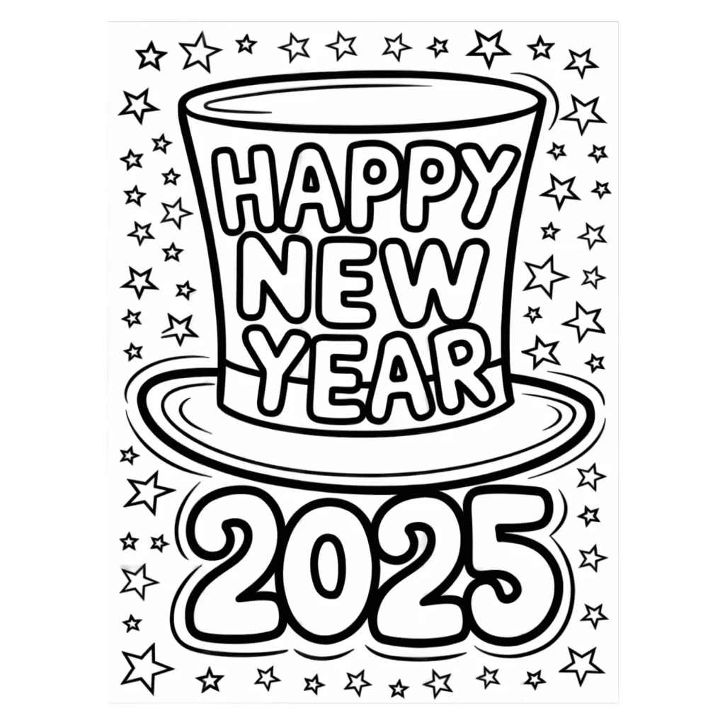 Desenho de Chapéu Feliz Ano Novo 2025 para colorir e imprimir grátis