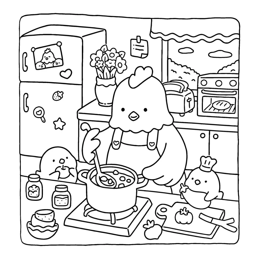 Desenho de Colorindo A Galinha Chef Na Cozinha para colorir e imprimir grátis