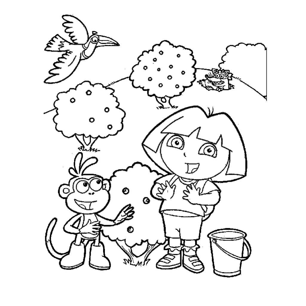 Desenho de Dora Aventureira na floresta para colorir e imprimir grátis