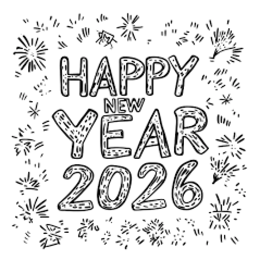 Happy New Year 2026 coloring page to print for free