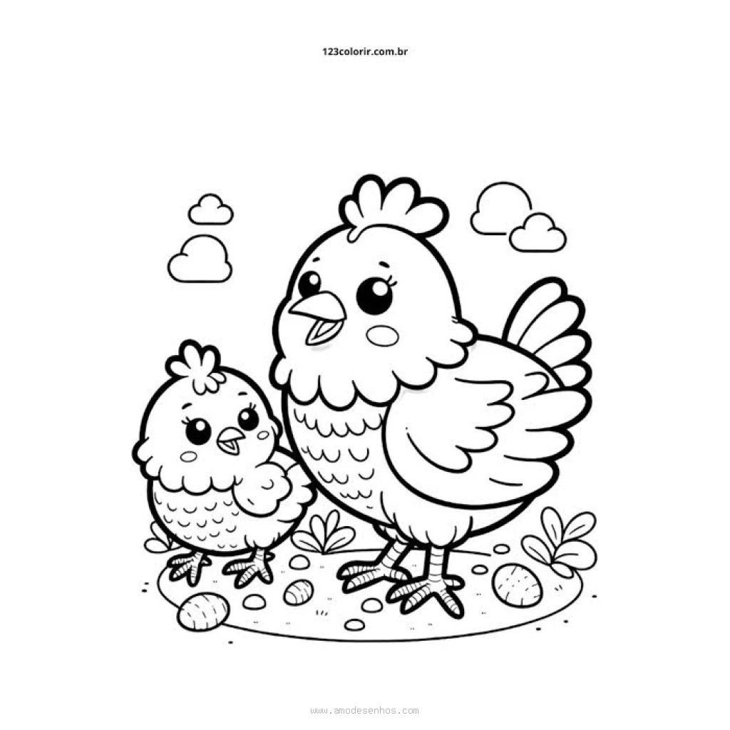 Desenho de Galinha com seu filhotinho para colorir e imprimir grátis