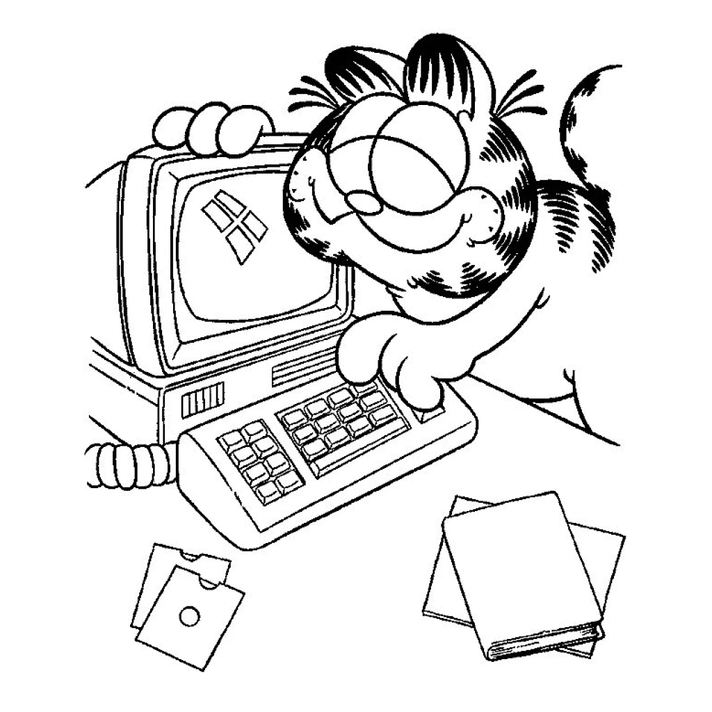 Cat Playing With Computer coloring page to print for free