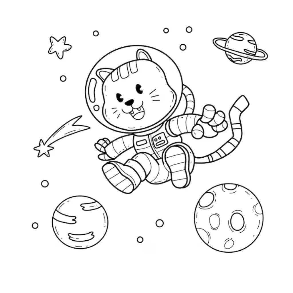 Desenho de Gato galáctico astronauta para colorir e imprimir grátis