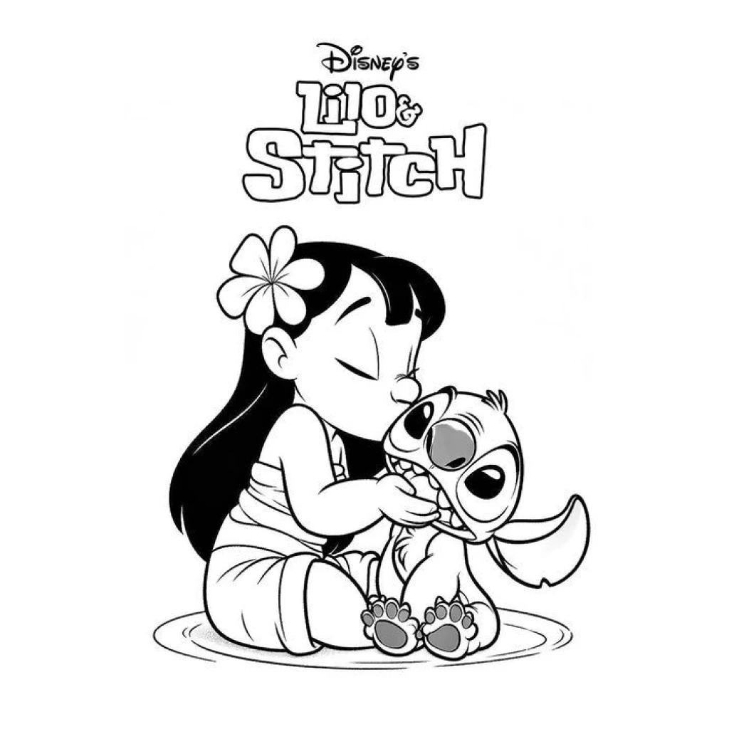 Desenho de Lilo E Stitch dando beijinhos para colorir e imprimir grátis