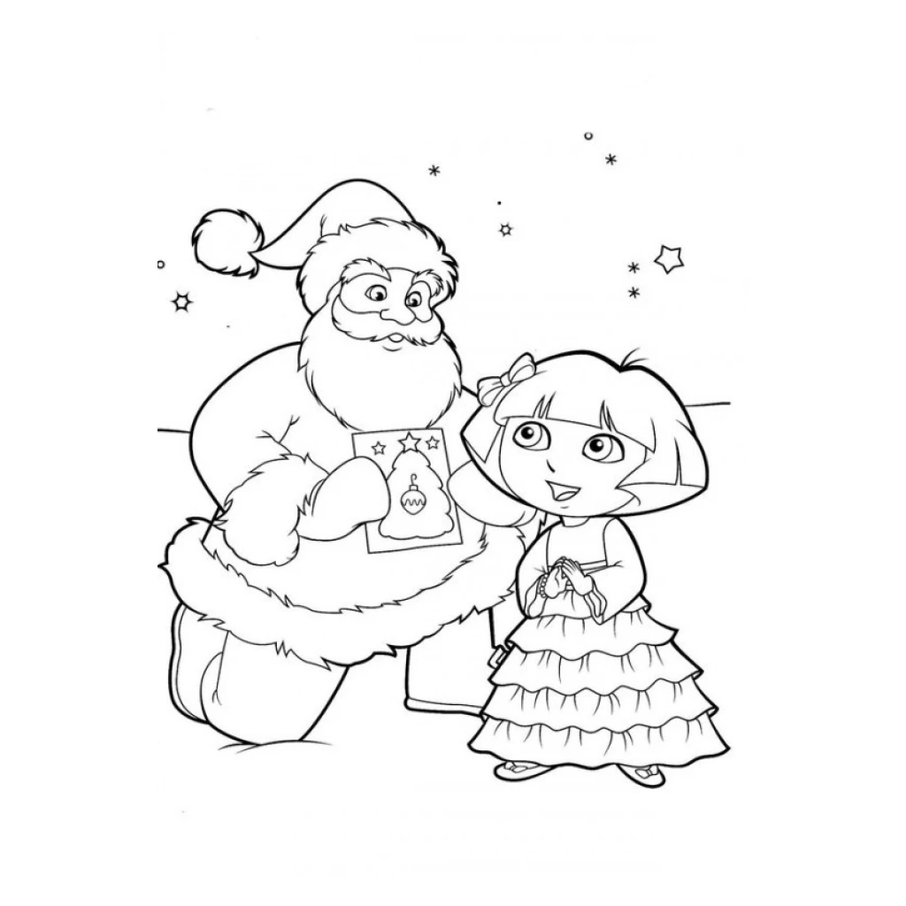 Desenho de Papai Noel e Dora Aventureira para colorir e imprimir grátis