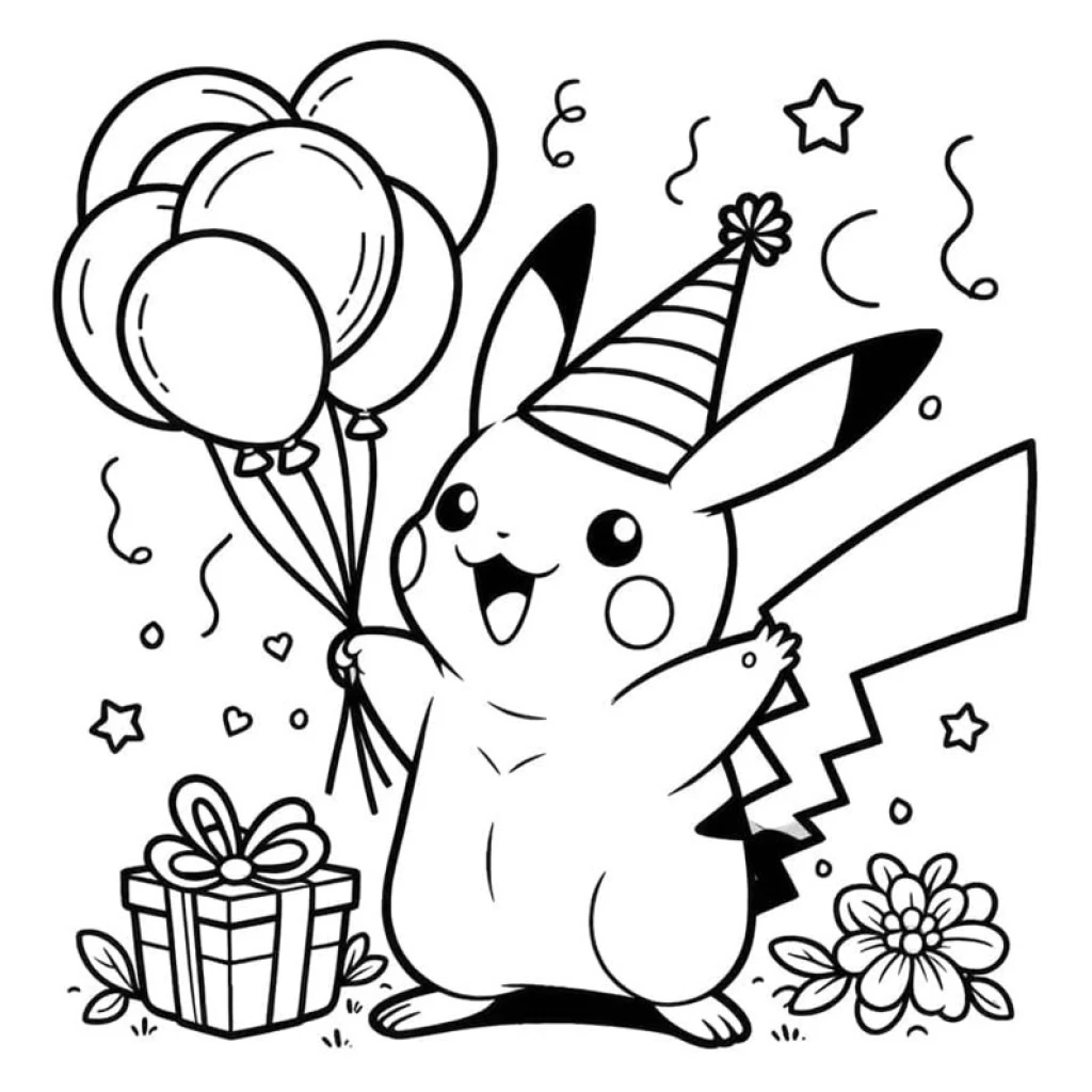 Desenho de Pikachu Celebrando Com Balões para colorir e imprimir grátis
