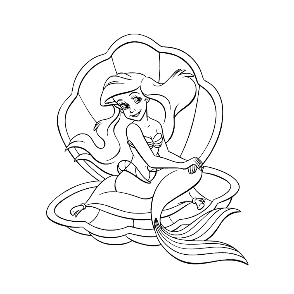 Mermaid Ariel inside a seashell coloring page to print for free