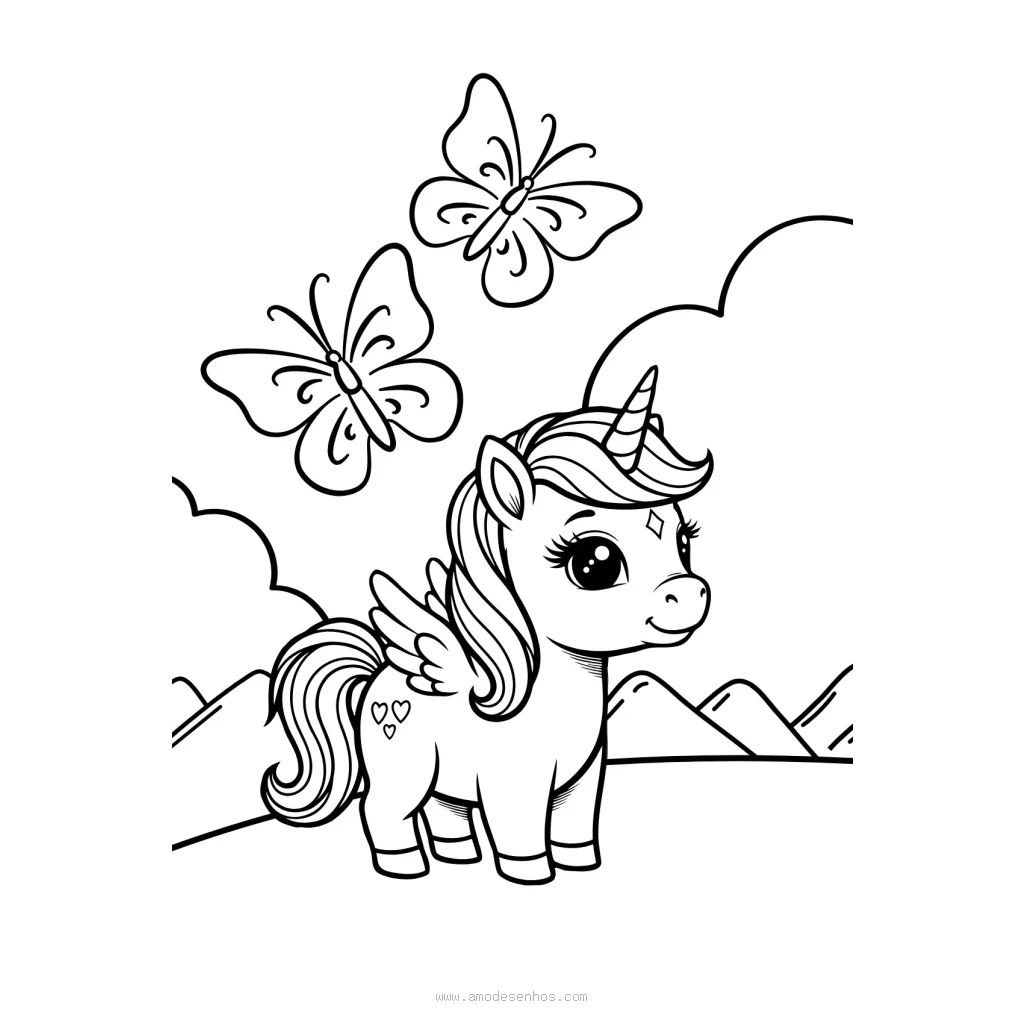 Desenho de Unicórnio Mágico Com Borboletas para colorir e imprimir grátis