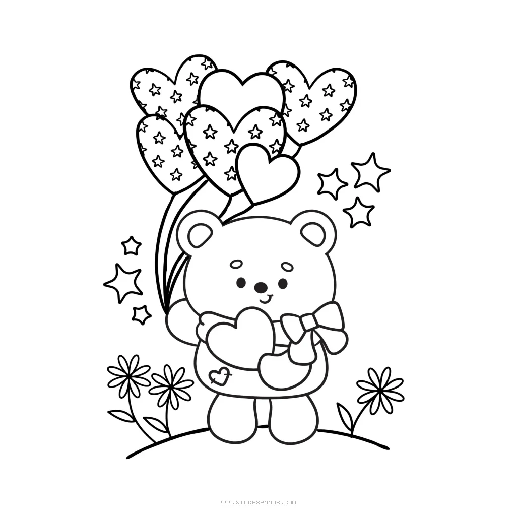 Desenho de Urso Fofo Com Balões E Estrelas para colorir e imprimir grátis