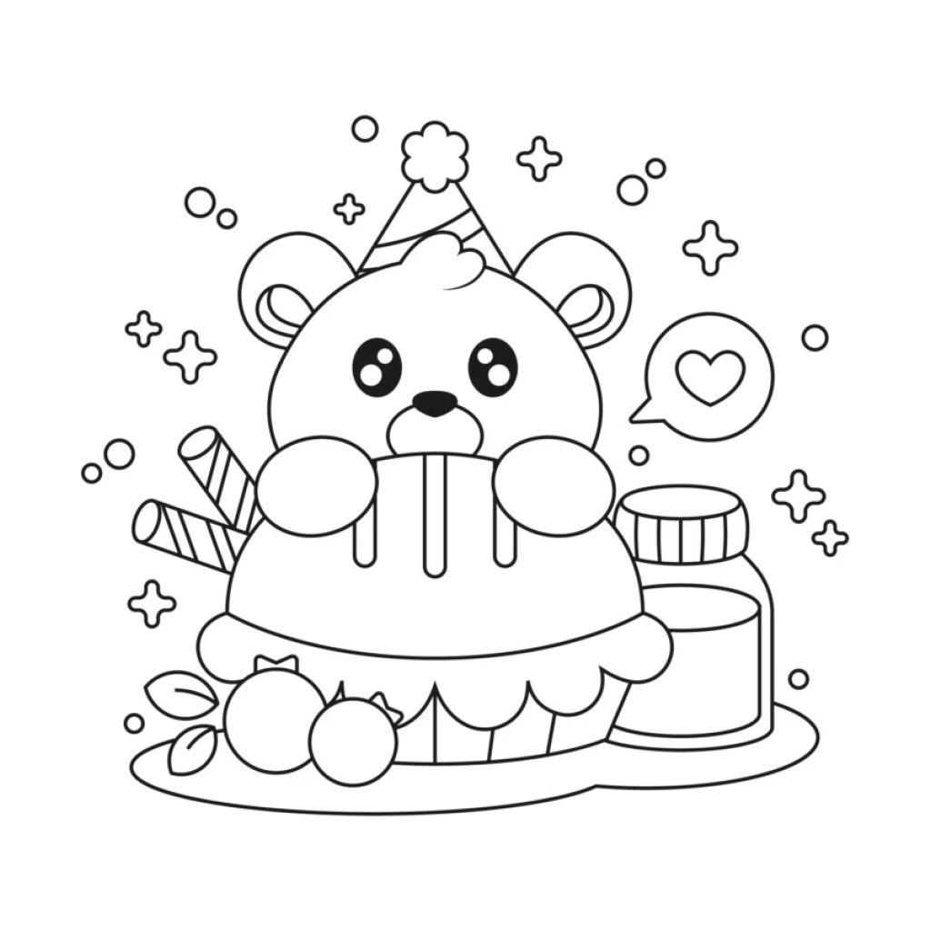 Desenho de Urso Fofo Com Bolo De Aniversário para colorir e imprimir grátis