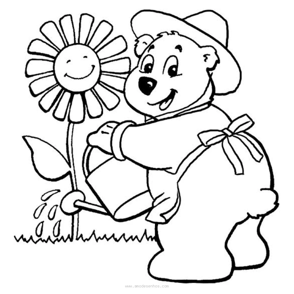 Desenho de Urso Regando Flores para colorir e imprimir grátis