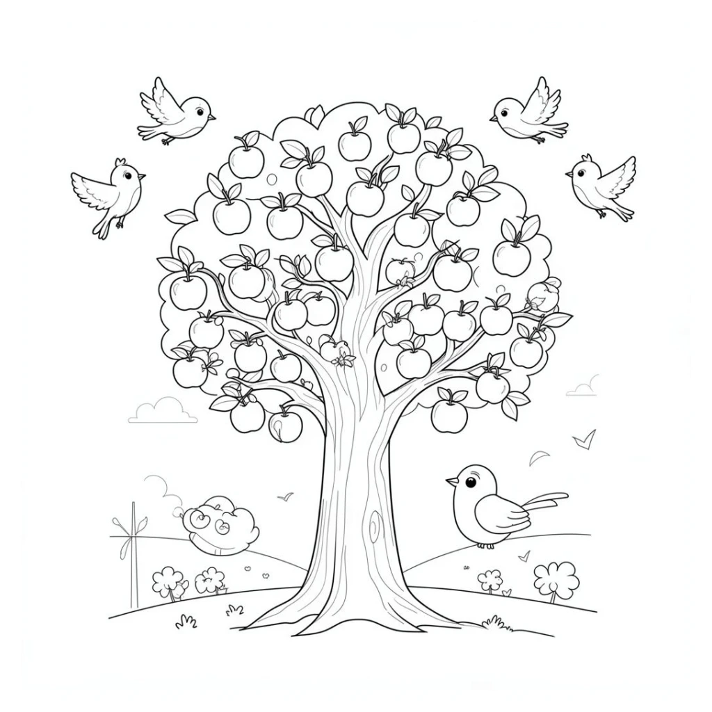 Desenho de Árvore Com Maçãs E Pássaros para colorir e imprimir grátis