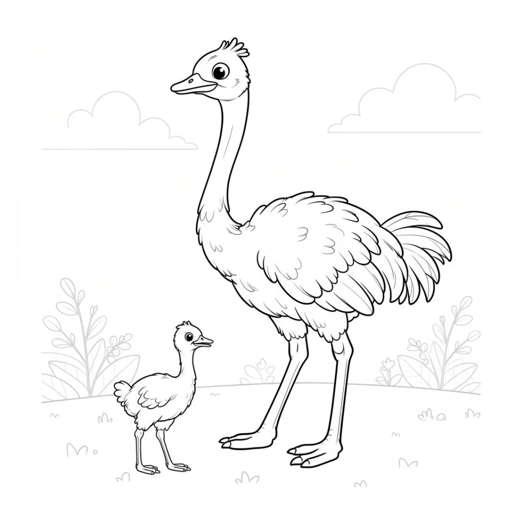 Desenho de Avestruz com um filhote ao seu lado para colorir e imprimir grátis