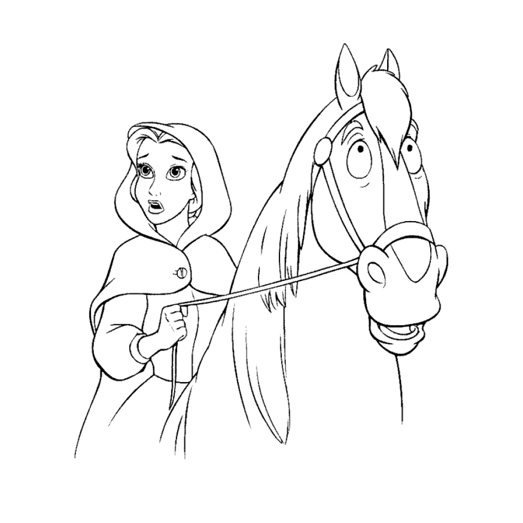 Desenho de Bela E A Fera montada em seu cavalo para colorir e imprimir grátis