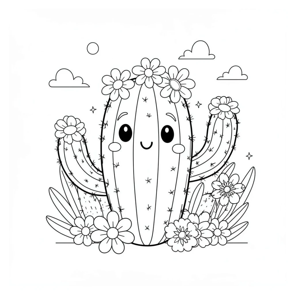 Desenho de Cacto Sorridente Com Flores Coloridas para colorir e imprimir grátis