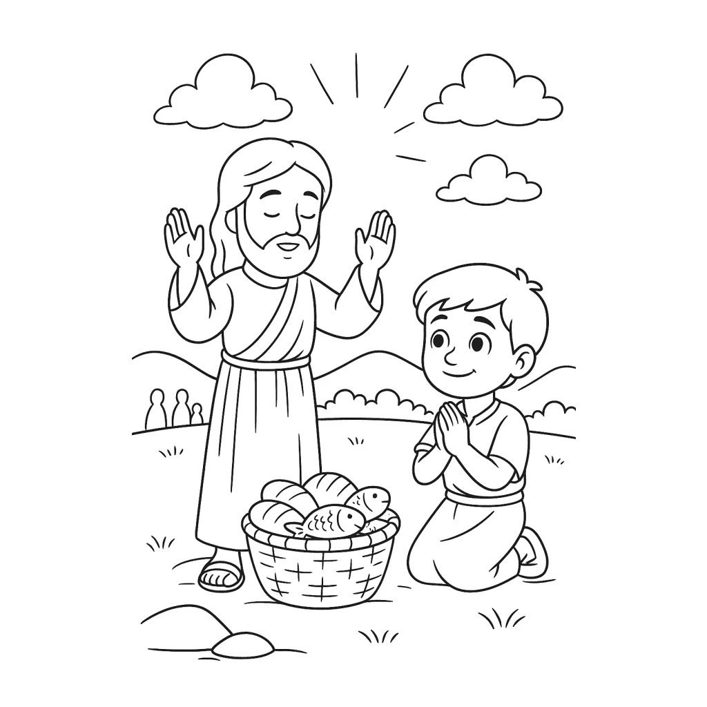 Desenho de O Milagre Dos Pães E Peixes para colorir e imprimir grátis
