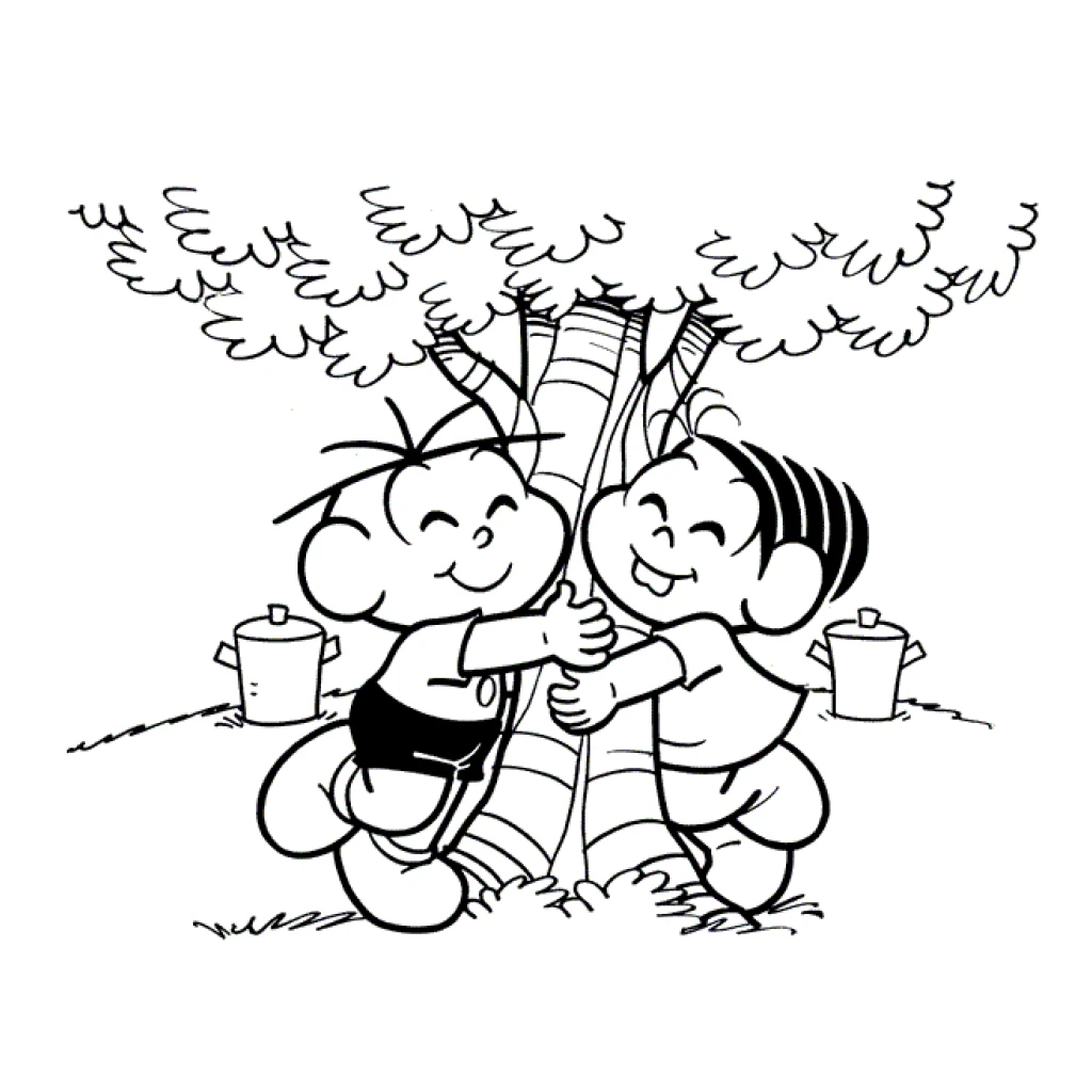 Desenho de Cebolinha e Mônica Brincando Ao Redor De Uma Árvore para colorir e imprimir grátis