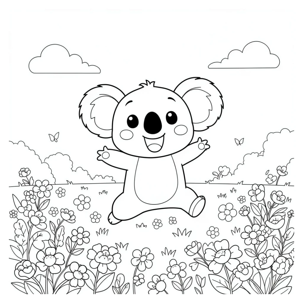 Desenho de Coala pulando de alegria em um campo florido para colorir e imprimir grátis