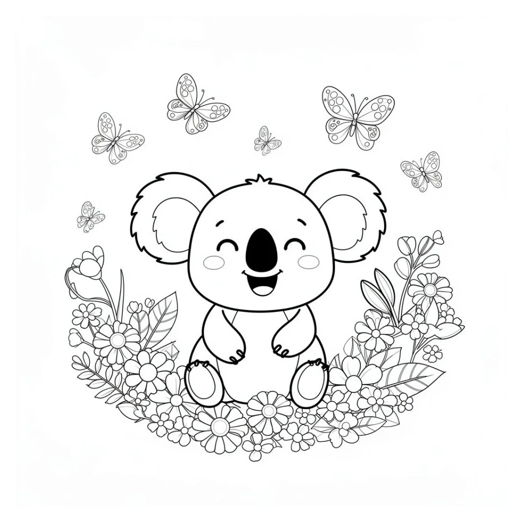 Desenho de Coala Sorridente Com Flores E Borboletas para colorir e imprimir grátis