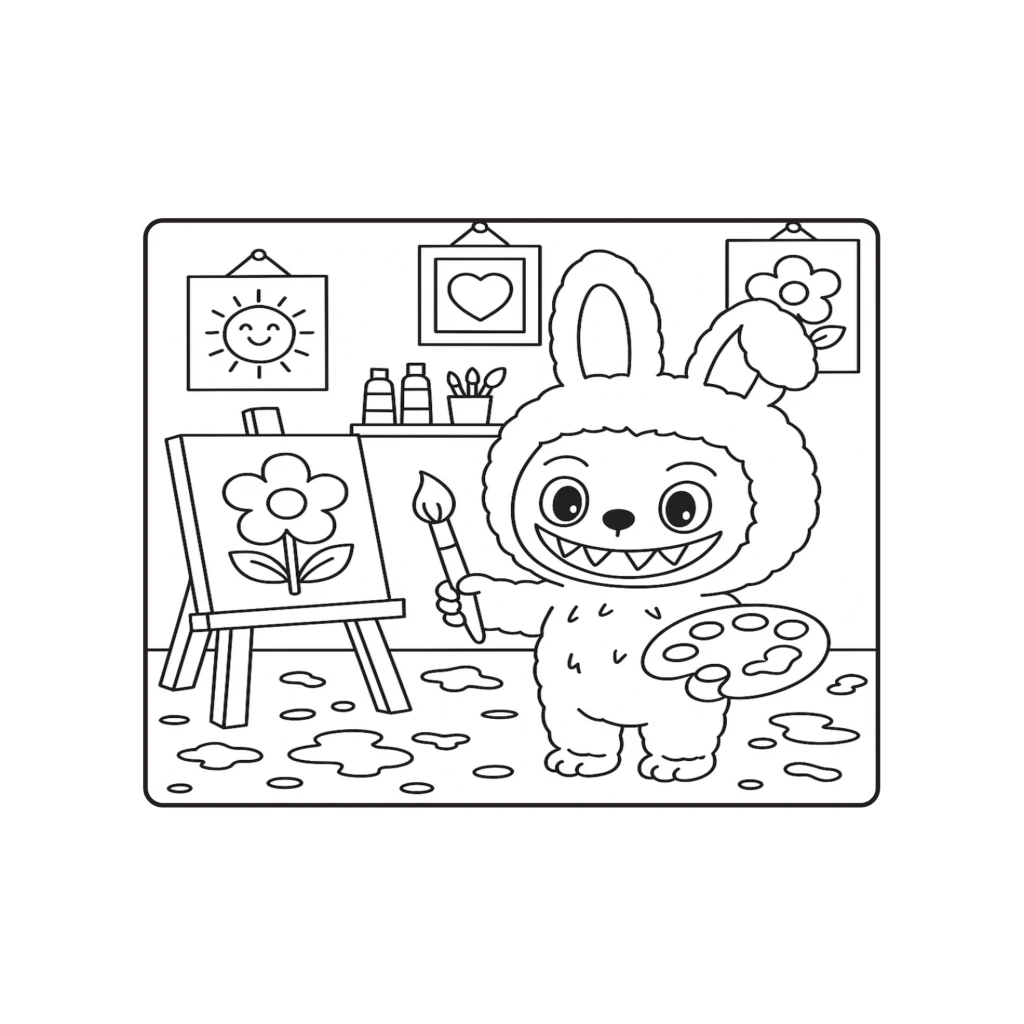 Desenho de Coelho Artista Pintando Flores para colorir e imprimir grátis
