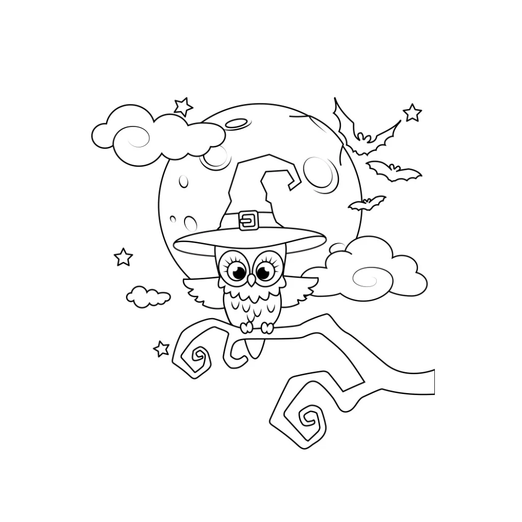 Magical Owl On A Halloween Night coloring page to print for free