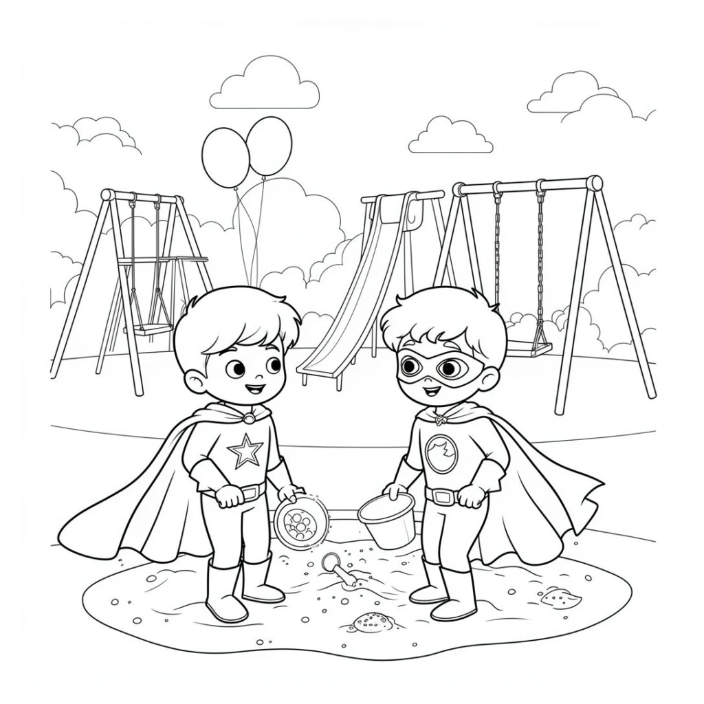 Dibujo de Niños Vestidos De Héroes Jugando En El Parque para colorear e imprimir gratis