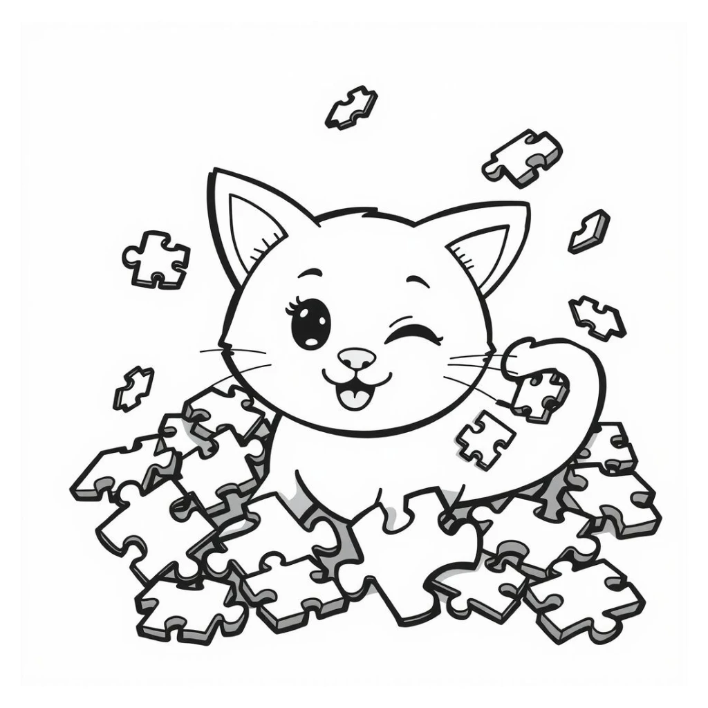 Desenho de Gato Brincando Com QuebraCabeça para colorir e imprimir grátis