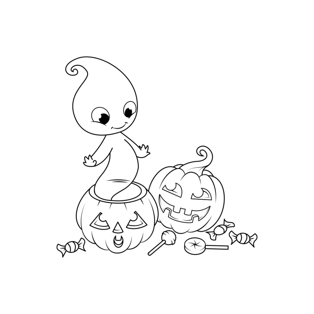 Desenho de Halloween Com Fantasminha E Abóboras para colorir e imprimir grátis