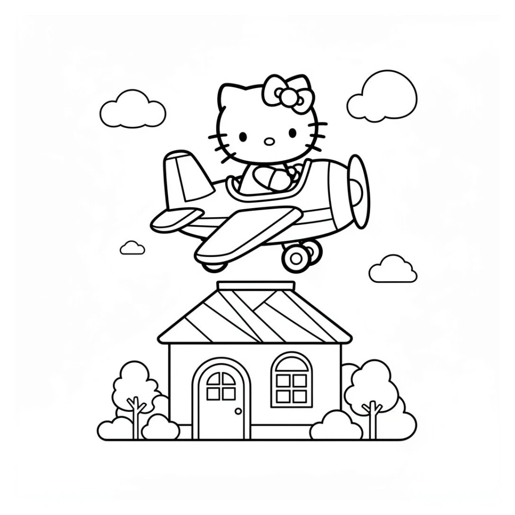 Desenho de Hello Kitty pilotando um avião sobre uma casinha para colorir e imprimir grátis