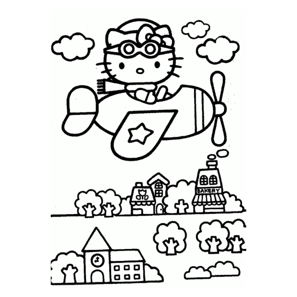 Desenho de Hello Kitty Pilotando Um Avião para colorir e imprimir grátis
