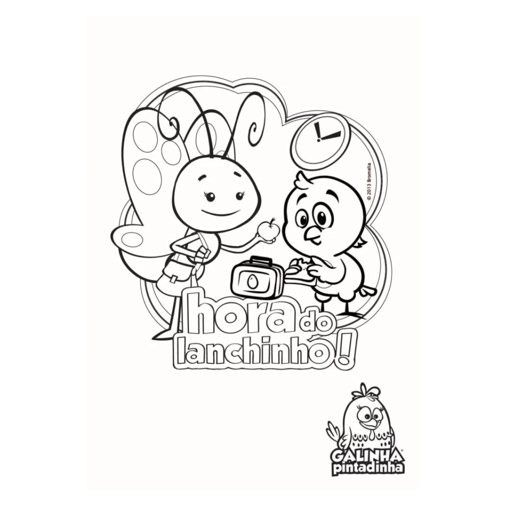 Desenho de Hora Do Lanchinho com Borboletinha e Pintinho Amarelinho para colorir e imprimir grátis