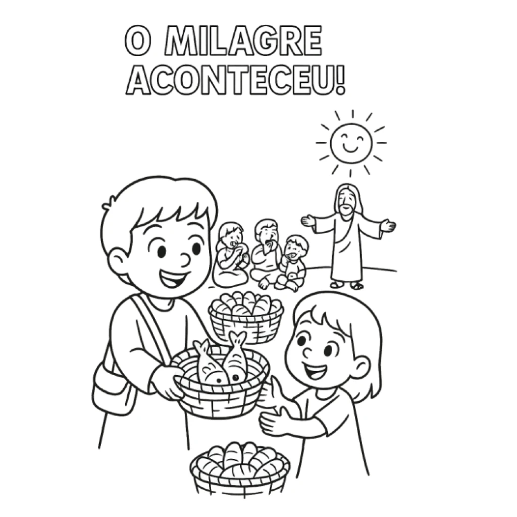 Desenho de Jesus O Milagre da Multiplicação dos pães Aconteceu para colorir e imprimir grátis