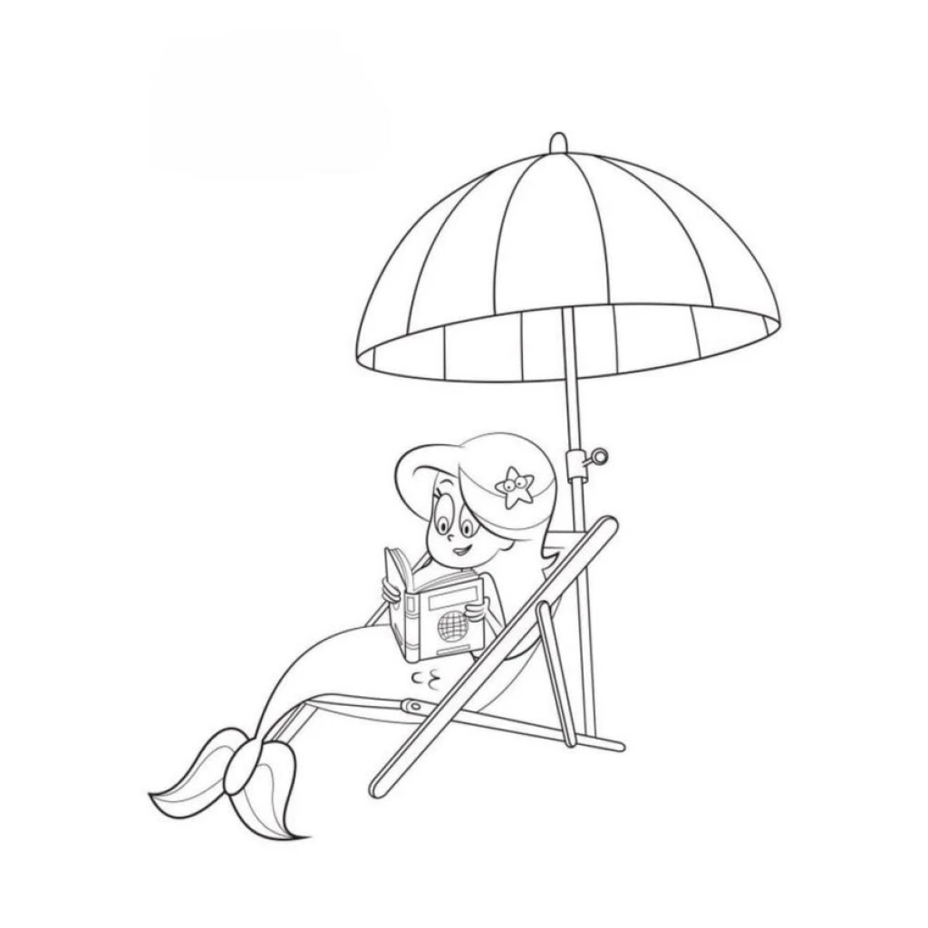 Desenho de Marina lendo um livro na praia debaixo de um guarda-sol para colorir e imprimir grátis