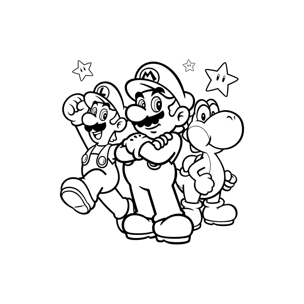 Desenho de Mario com Luigi e Yoshi para colorir e imprimir grátis