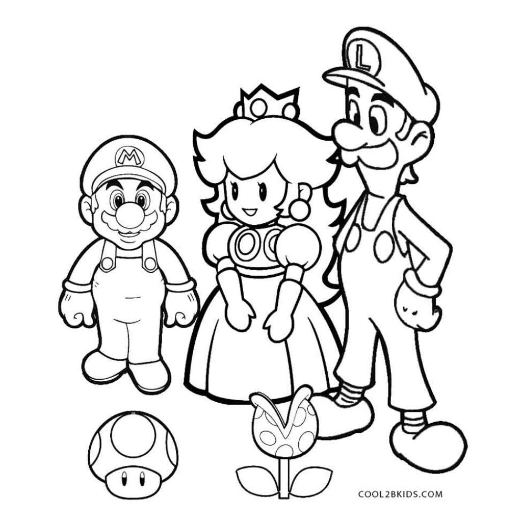 Desenho de Mario com seu irmão Luigi e a Princesa para colorir e imprimir grátis