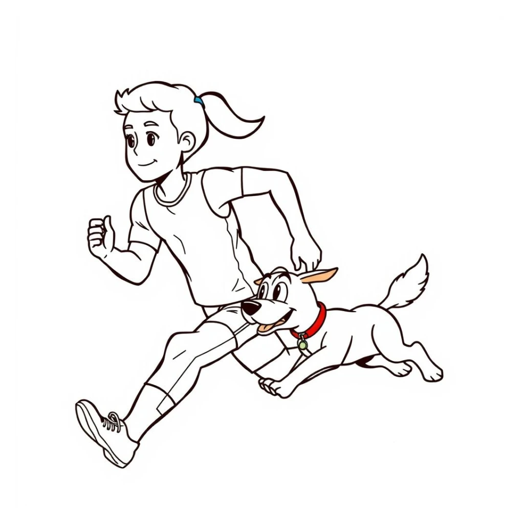 Desenho de Menina Correndo Com Seu Cachorro para colorir e imprimir grátis