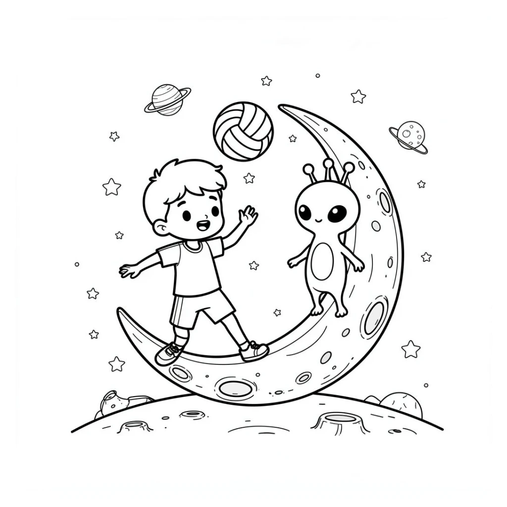 Desenho de Menino Fofo Jogando Vôlei Na Lua Com Extraterrestre para colorir e imprimir grátis