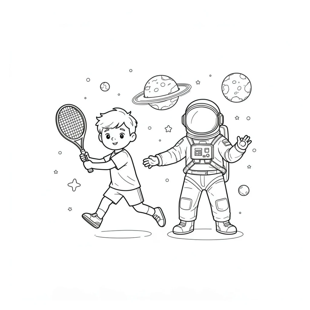 Desenho de Menino Jogando Tênis No Espaço Com Astronauta para colorir e imprimir grátis
