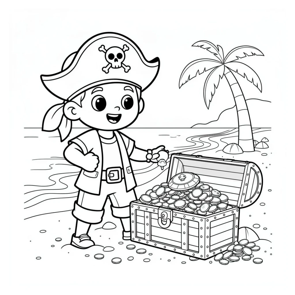 Desenho de Menino Pirata em busca do baú do tesouro na praia para colorir e imprimir grátis