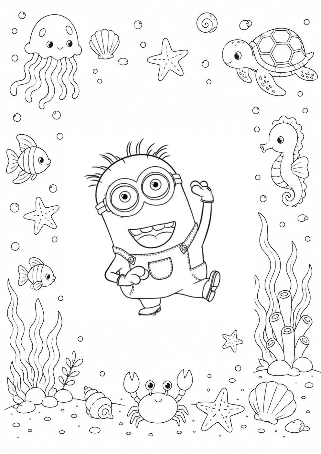 Desenho de Minion Feliz No Fundo Do Mar para colorir e imprimir grátis