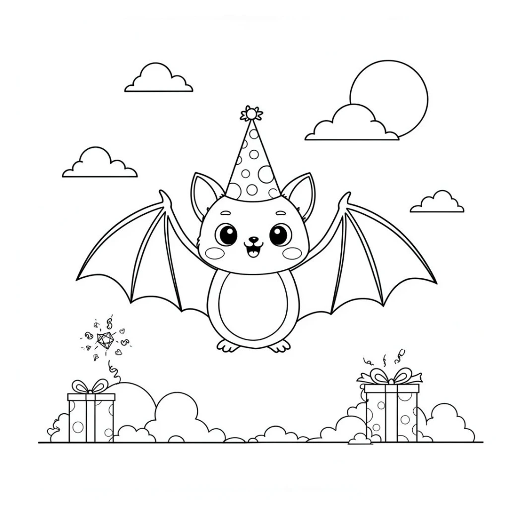 Desenho de morcego com um chapéu de festa para colorir e imprimir grátis