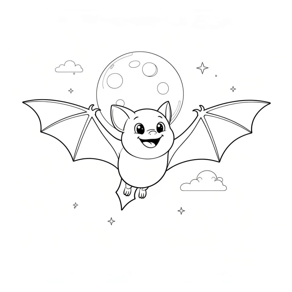 Desenho de Morcego sorridente voando sob a lua cheia para colorir e imprimir grátis