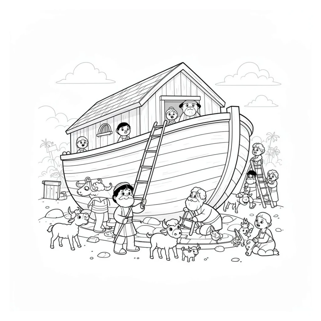 Desenho de Noé Construindo A Arca para colorir e imprimir grátis