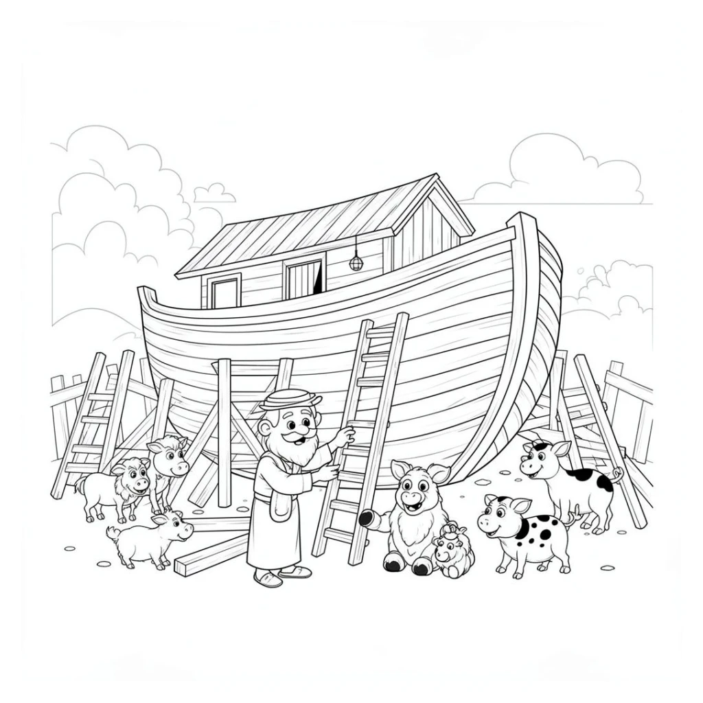 Desenho de Noé Construindo A Arca Com Animais para colorir e imprimir grátis