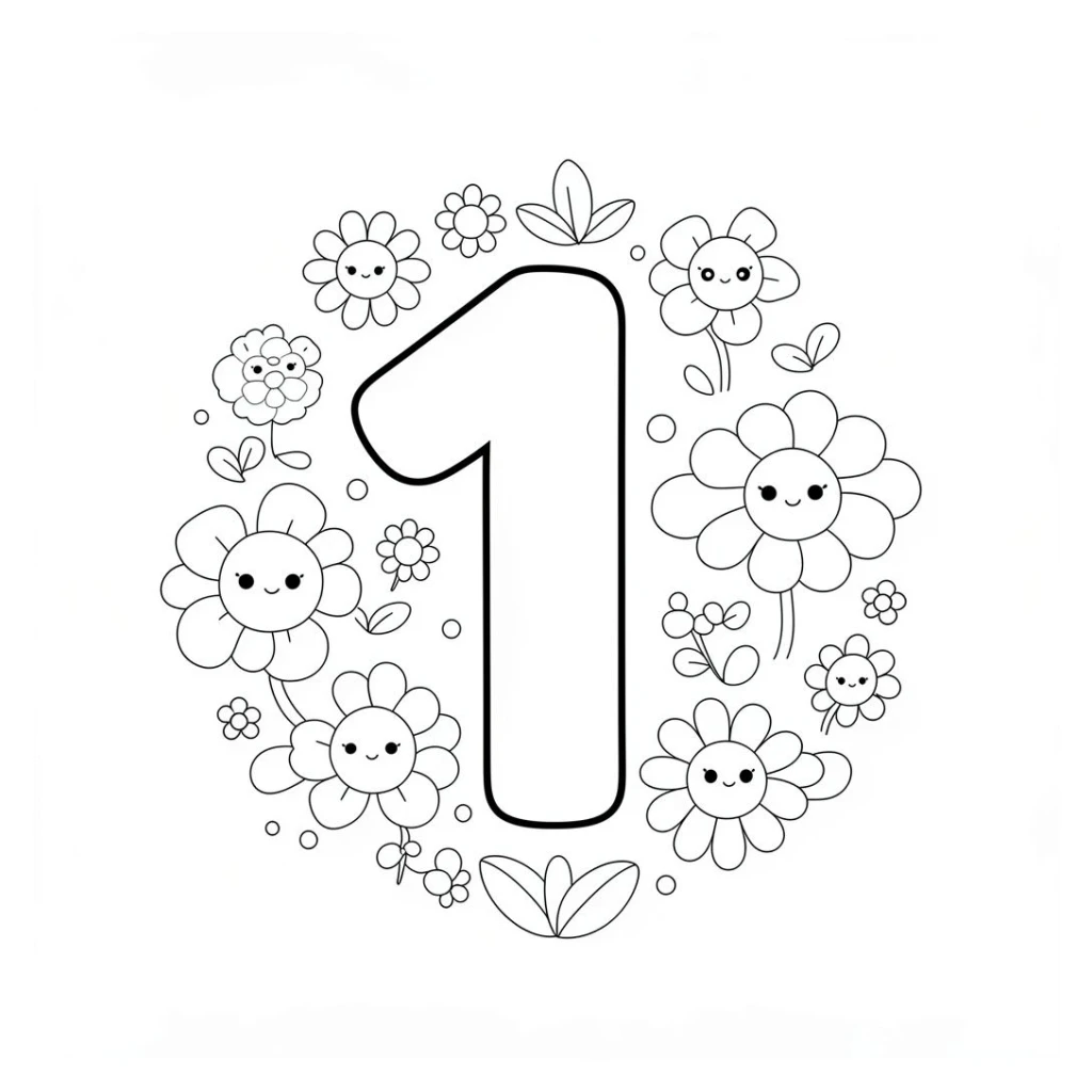 Desenho de Número 1 Com Flores para colorir e imprimir grátis