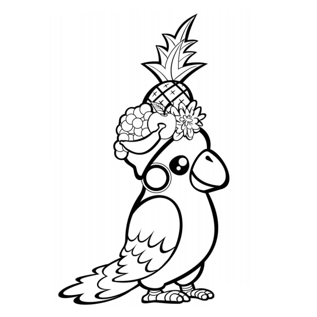 Desenho de Papagaio com uma coroa de frutas para colorir e imprimir grátis