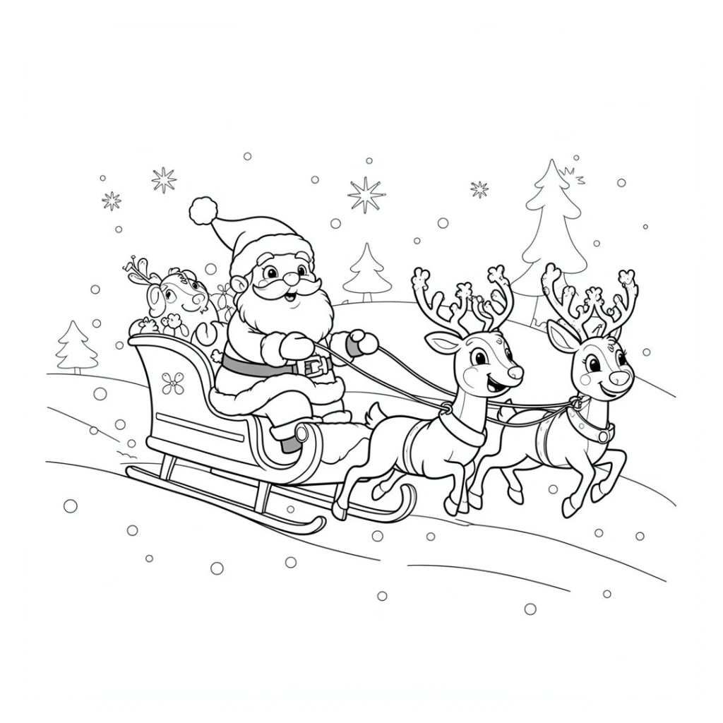Desenho de papai noel com suas renas felizes na neve para colorir e imprimir grátis